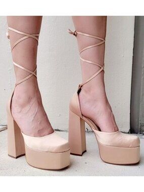 Champagne Platform High Heel Sandals Women Lace Up Square Close